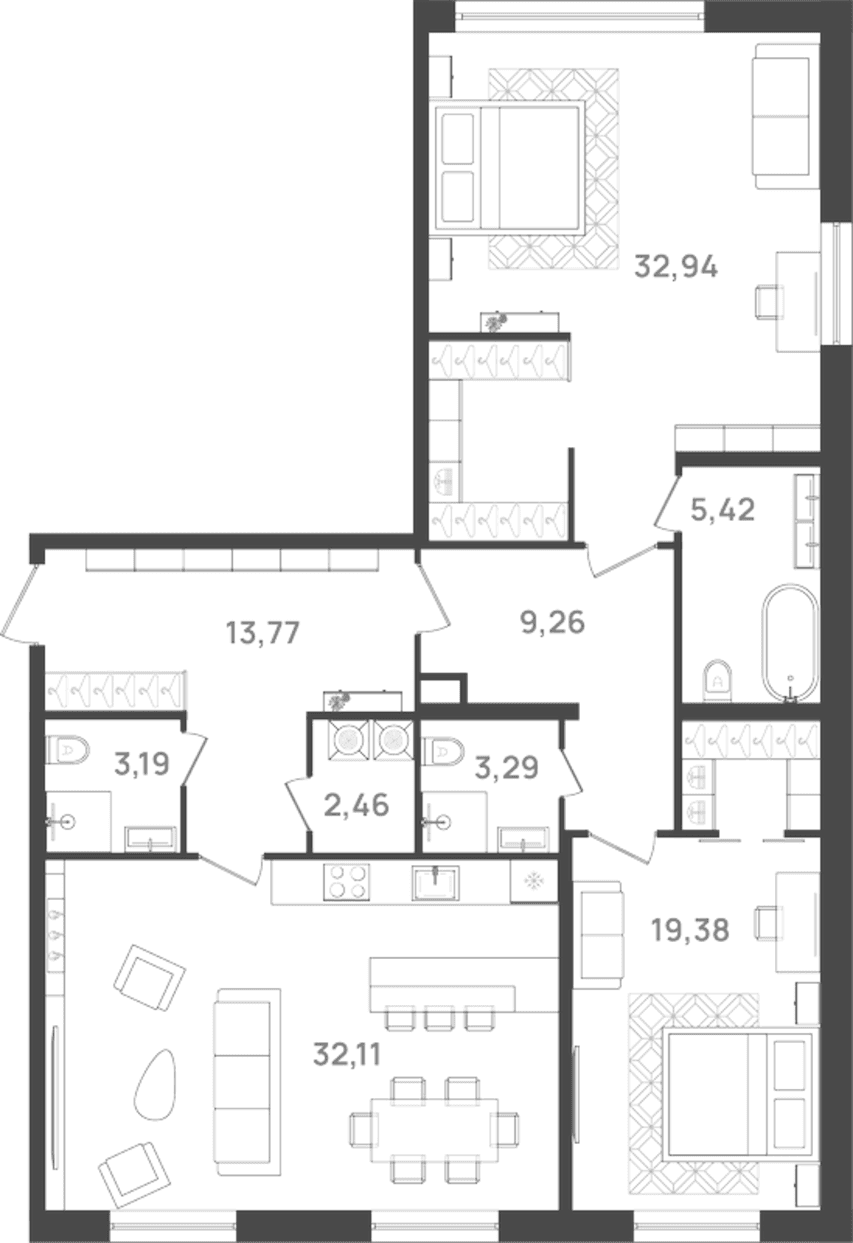 Планировка: Евротрёшка 121,8 м² в ЖК «6 Квартал»