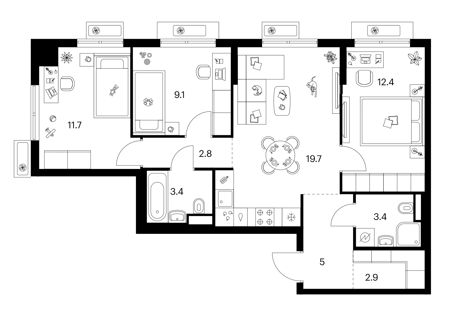Планировка: 3-комнатная квартира 70,4 м² в ЖК «Ярославский»