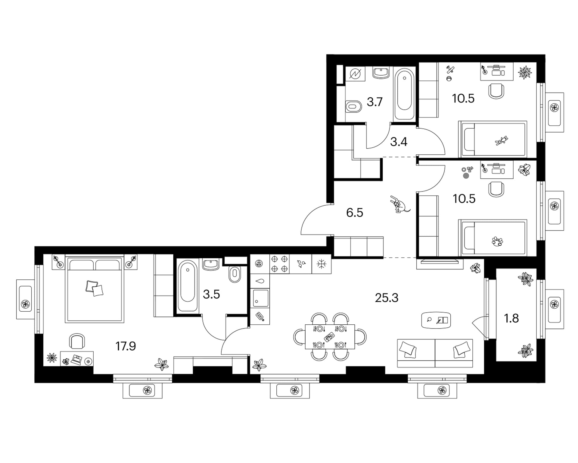 Планировка: 3-комнатная квартира 81,3 м² в ЖК «Белая Дача парк»