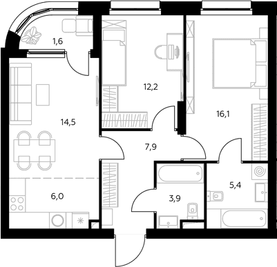 Планировка: Евротрёшка 66,6 м² в ЖК «Адмирал»