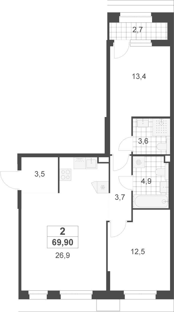 Планировка: Евротрёшка 68,6 м² в ЖК «Деснаречье»