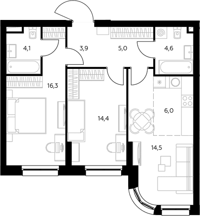 Планировка: Евротрёшка 69,3 м² в ЖК «Адмирал»