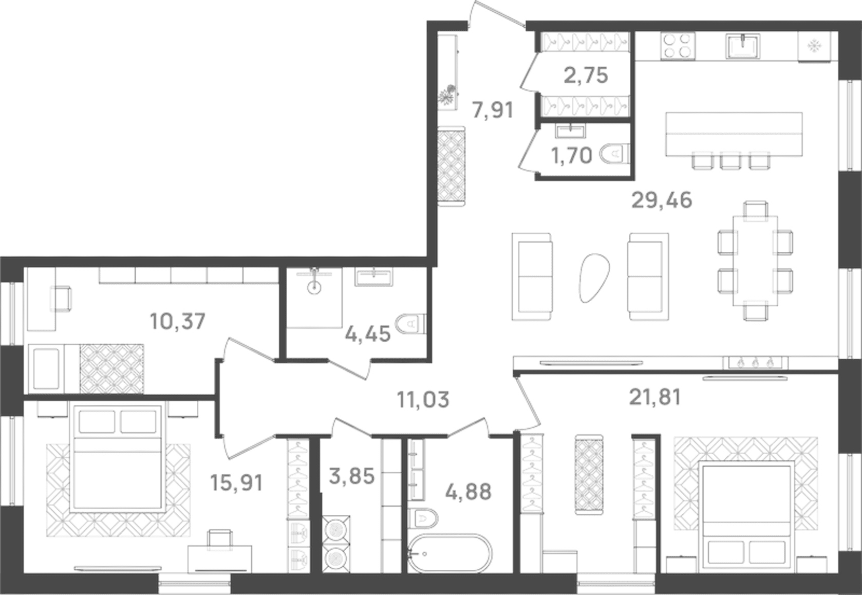 Планировка: Квартира евро-4 114,1 м² в ЖК «6 Квартал»