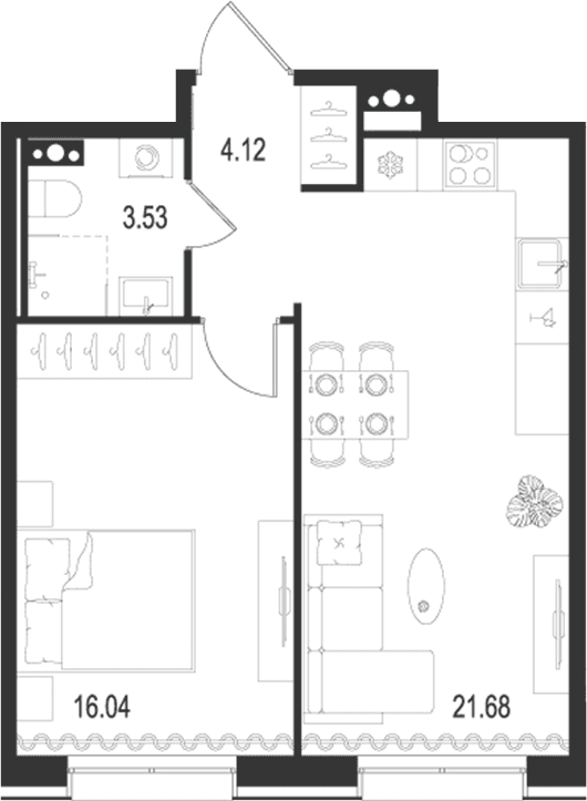 Планировка: Евродвушка 45,4 м² в ЖК «Остров Первых»