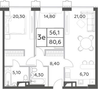 Планировка: Евротрёшка 80,6 м² в ЖК «Will Towers»