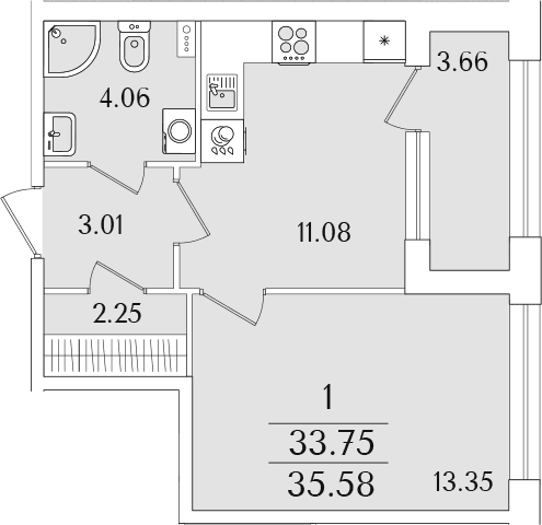 Планировка: 1-комнатная квартира 33,8 м² в ЖК «Аурум»