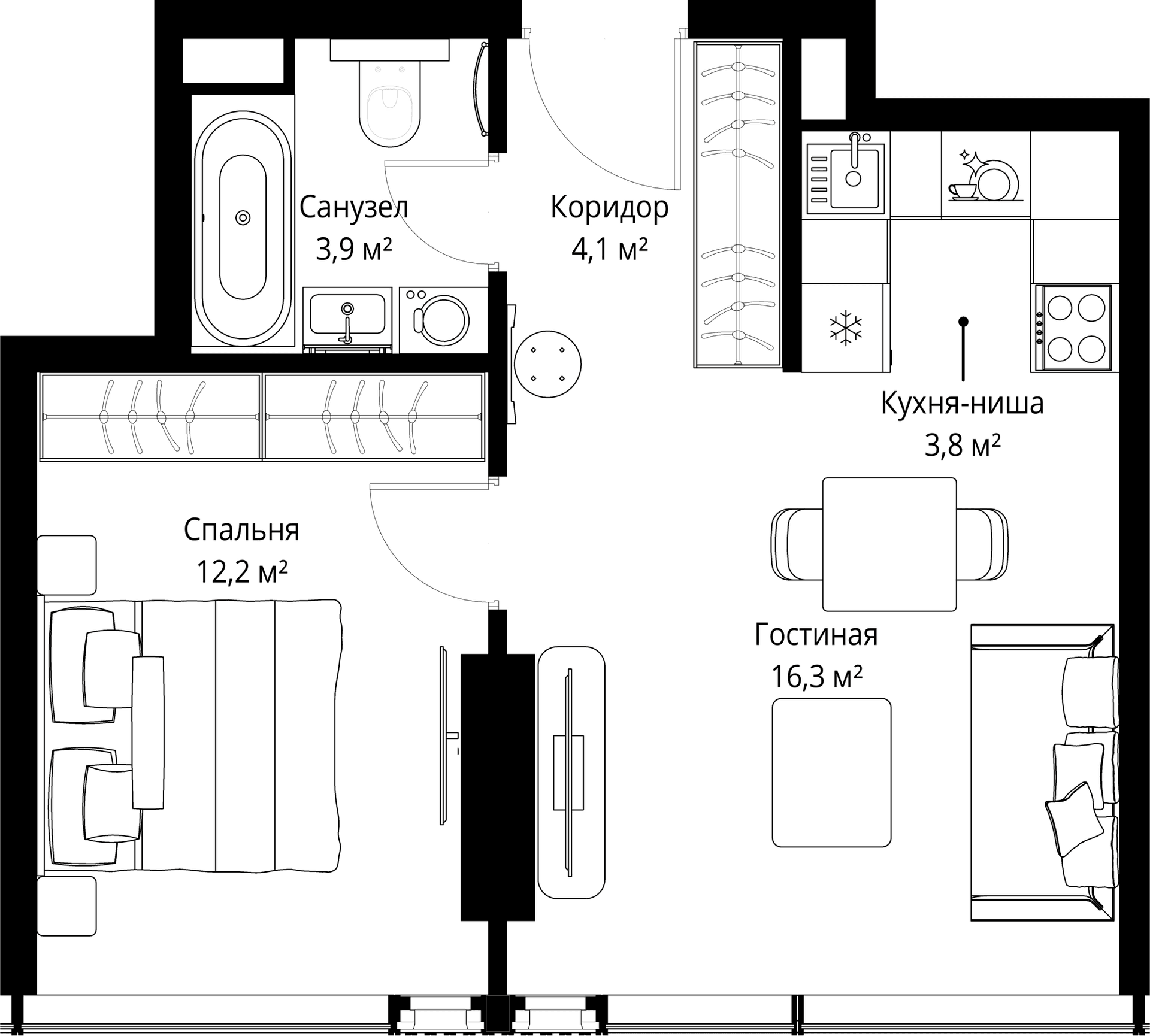 Планировка: Евродвушка 40,3 м² в ЖК «Слава»