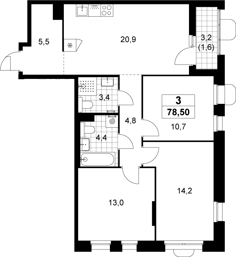 Планировка: Квартира евро-4 76,9 м² в ЖК «Прокшино»