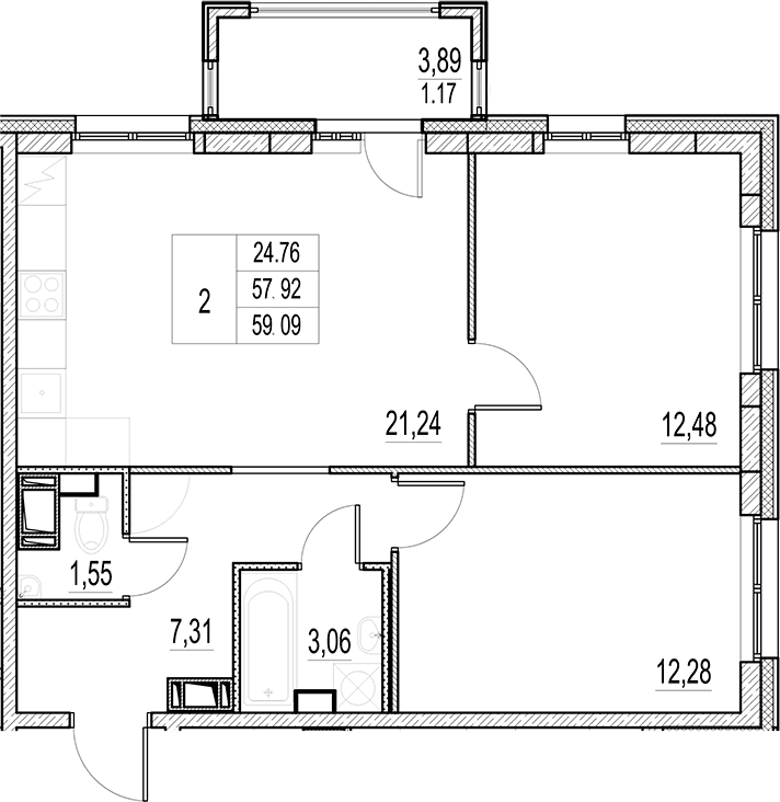 Планировка: Евротрёшка 57,9 м² в ЖК «Город-спутник Южный»