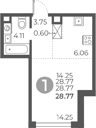Планировка: Студия 28,8 м² в ЖК «Мневники от Гранель»