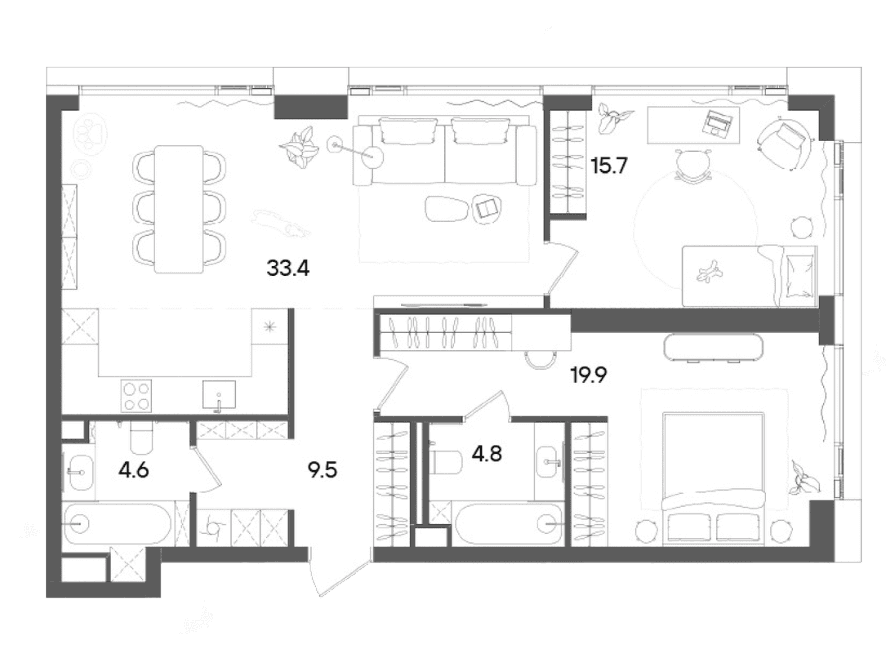 Планировка: Евротрёшка 89,2 м² в ЖК «СТОУН Грэйн»