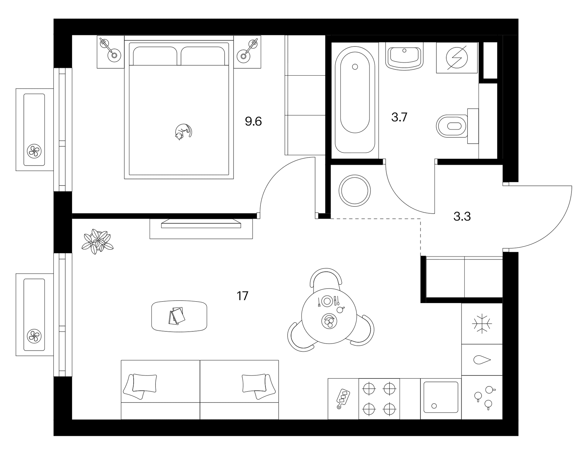 Планировка: 1-комнатная квартира 33,6 м² в ЖК «Белая Дача парк»