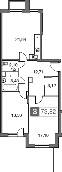 Планировка: Евротрёшка 73,8 м² в ЖК «Равновесие»