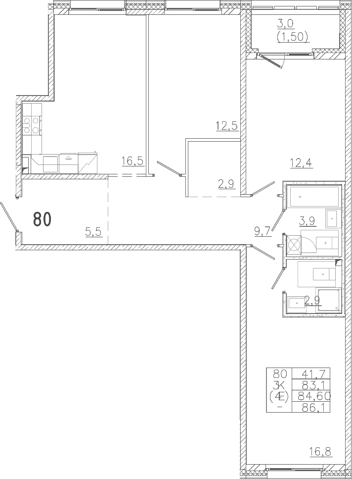 Планировка: Квартира евро-4 83,1 м² в ЖК «Лисино»