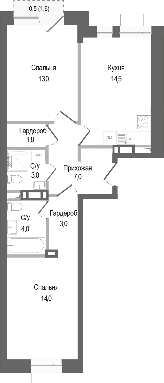 Планировка: 2-комнатная квартира 60,3 м² в ЖК «Киноквартал»