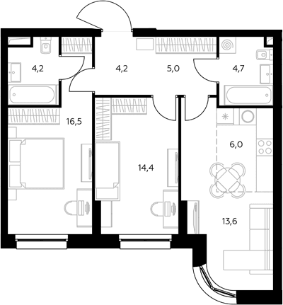 Планировка: Евротрёшка 69,3 м² в ЖК «Адмирал»