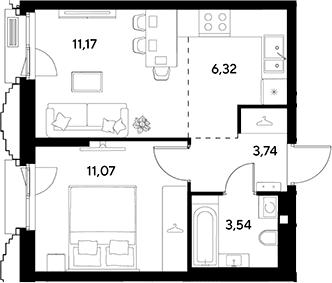 Планировка: Евродвушка 35,8 м² в ЖК «ЭВО»