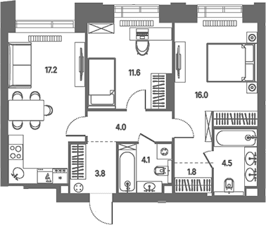 Планировка: Евротрёшка 62,7 м² в ЖК «КОД Сокольники»