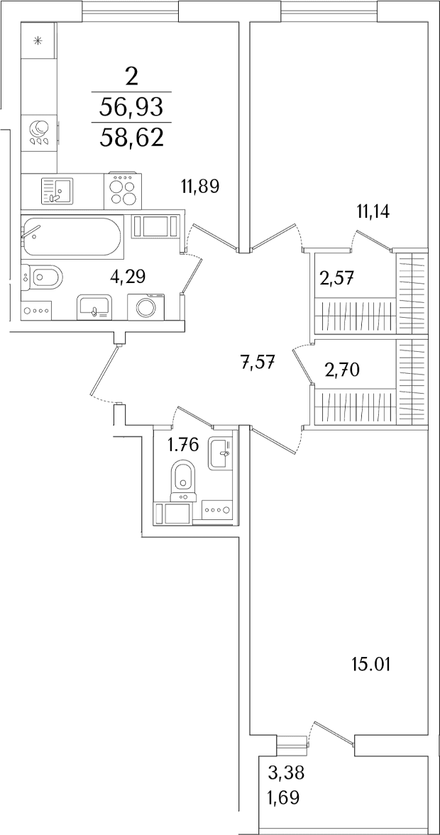 Планировка: 2-комнатная квартира 56,9 м² в ЖК «Кинопарк»