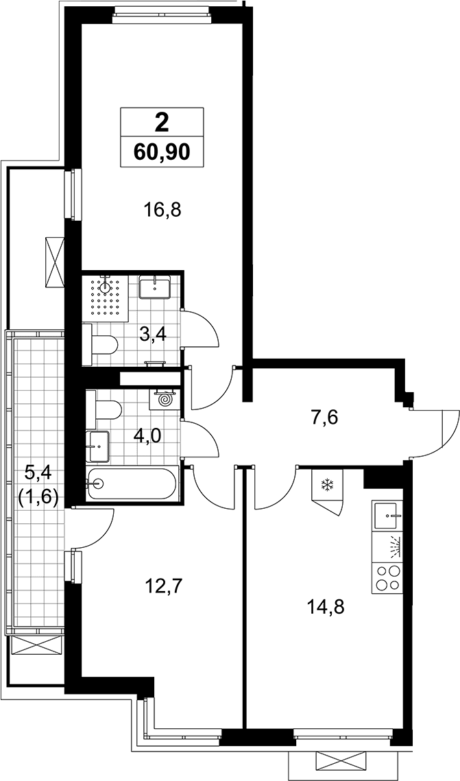 Планировка: 2-комнатная квартира 59,3 м² в ЖК «Деснаречье»