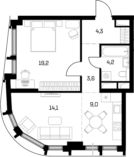 Планировка: Евродвушка 54,4 м² в ЖК «Дом 56»