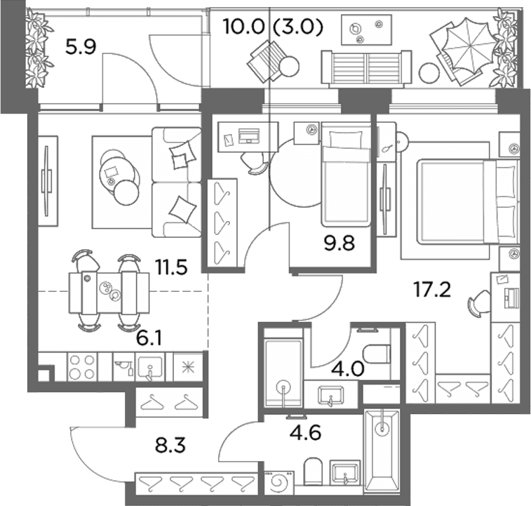 Планировка: Евротрёшка 61,5 м² в ЖК «Станиславский»