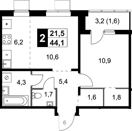 Планировка: Евродвушка 42,5 м² в ЖК «1-й Ясеневский»