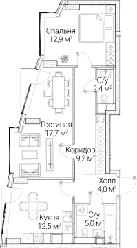 Планировка: 2-комнатная квартира 63,4 м² в ЖК «СЕЗАР БУДУЩЕЕ»