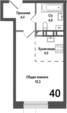 Планировка: Студия 28,3 м² в ЖК «Киноквартал»