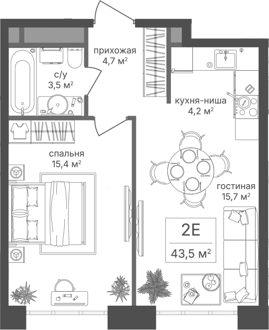 Планировка: Евродвушка 43,5 м² в ЖК «Михалковский»