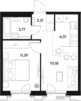 Планировка: 1-комнатная квартира 33,6 м² в ЖК «ЭВО»