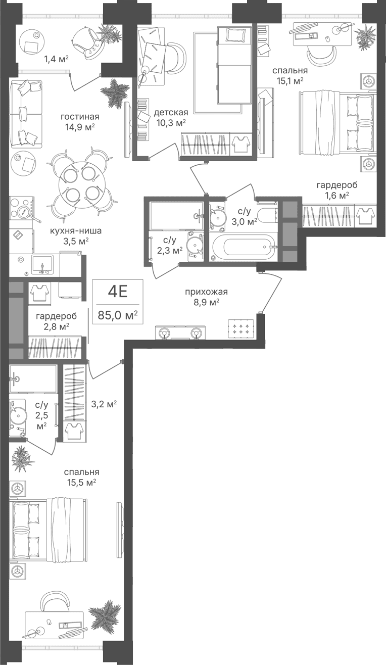 Планировка: Квартира евро-4 83,6 м² в ЖК «Михалковский»
