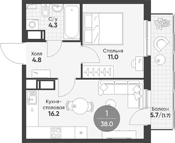 Планировка: Евродвушка 36,3 м² в ЖК «Клюква.Парк»