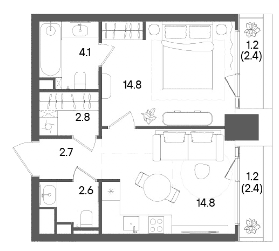 Планировка: 1-комнатная квартира 41 м² в ЖК «СТОУН Грэйн»