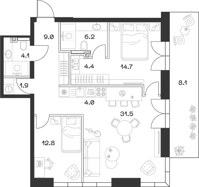 Планировка: Евротрёшка 88,3 м² в ЖК «SHIFT»