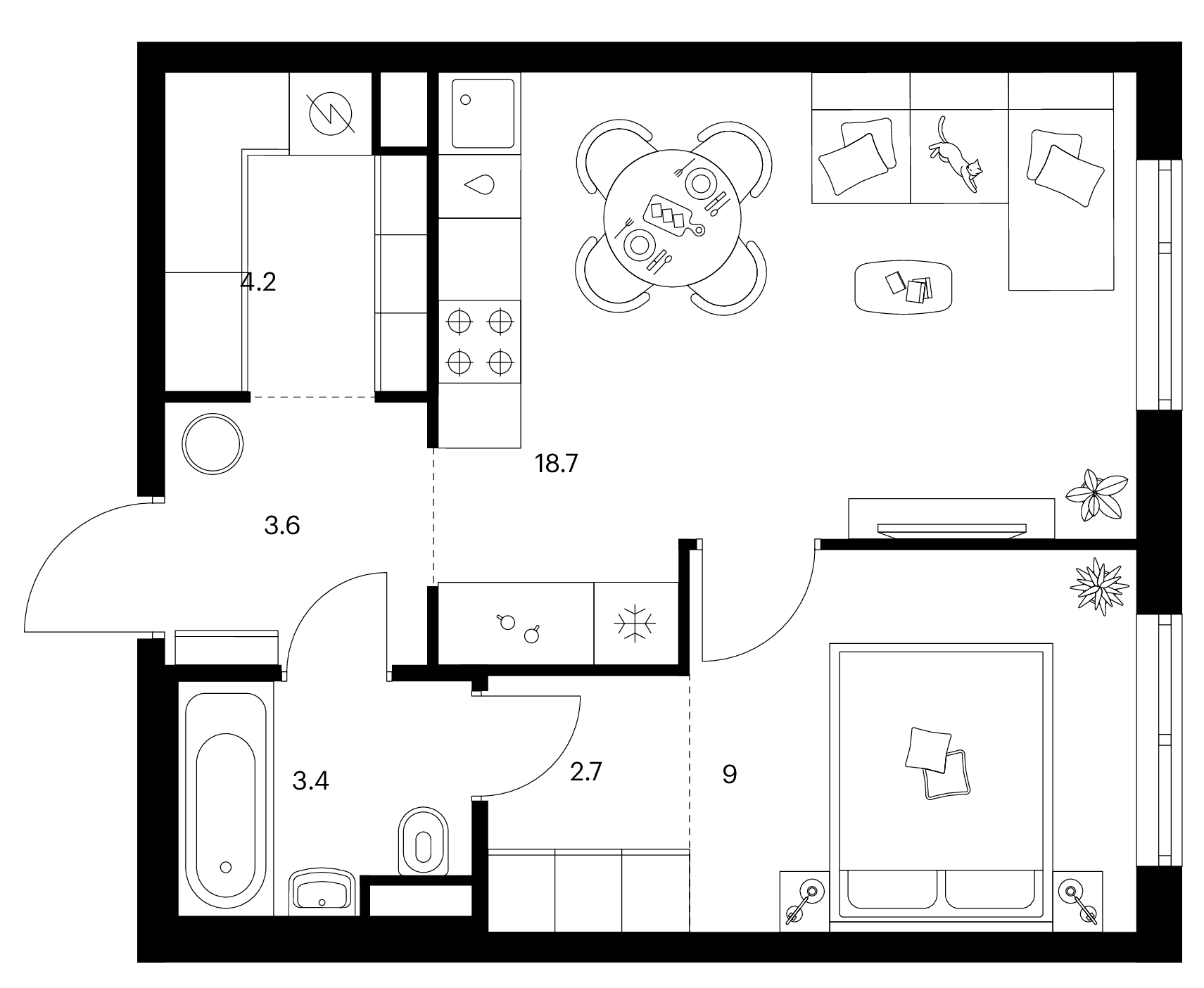 Планировка: 1-комнатная квартира 41,6 м² в ЖК «Москворечье»