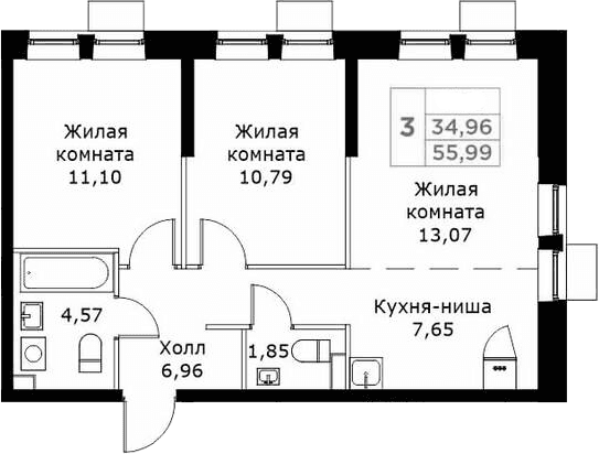 Планировка: Евротрёшка 56,2 м² в ЖК «КИТ»