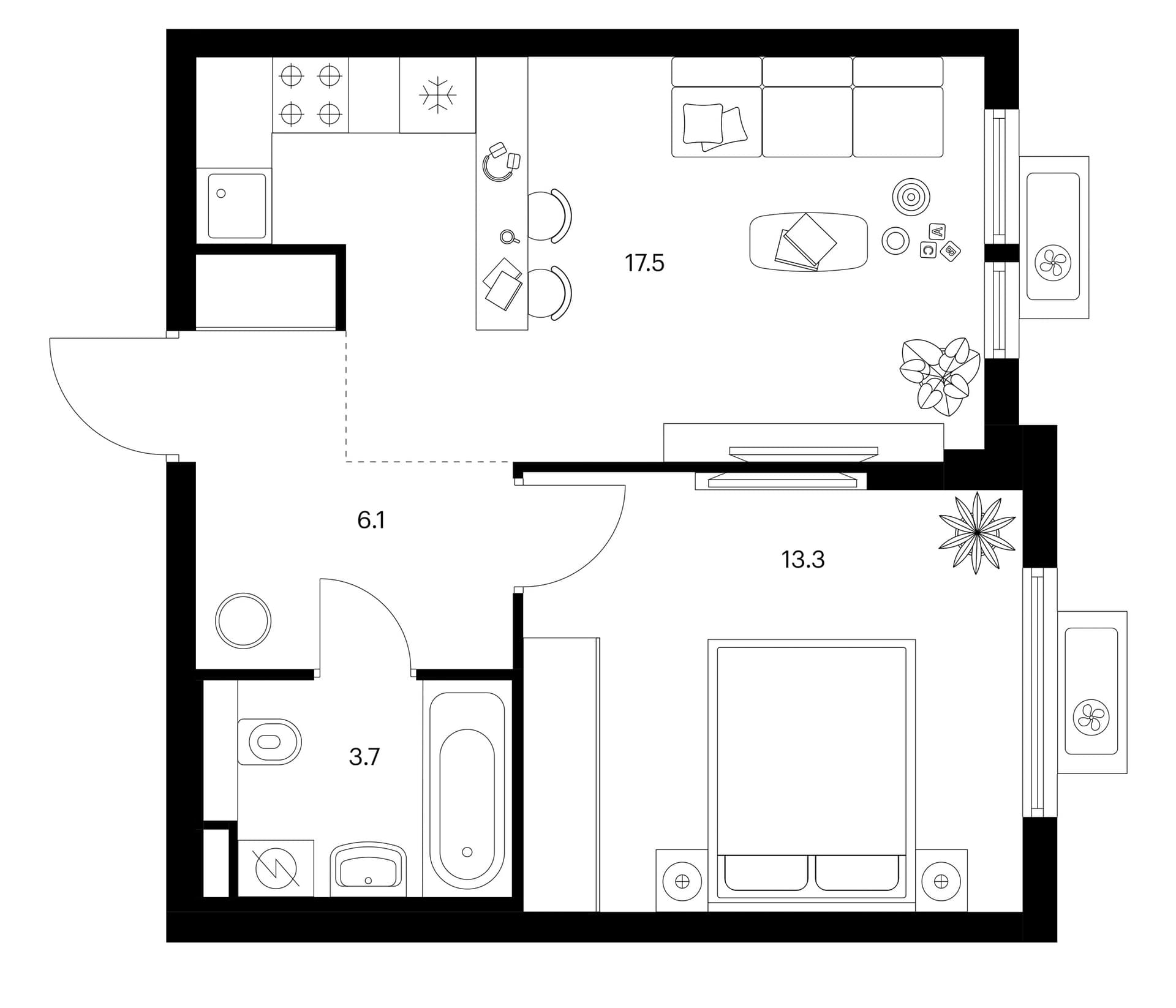 Планировка: 1-комнатная квартира 40,6 м² в ЖК «Белая Дача парк»