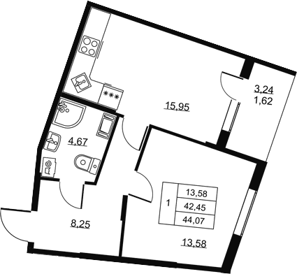 Планировка: Евродвушка 42,5 м² в ЖК «Высота. Всеволожск»