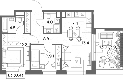 Планировка: Евротрёшка 59,4 м² в ЖК «Станиславский»