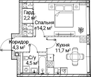 Планировка: 1-комнатная квартира 37 м² в ЖК «СЕЗАР БУДУЩЕЕ»