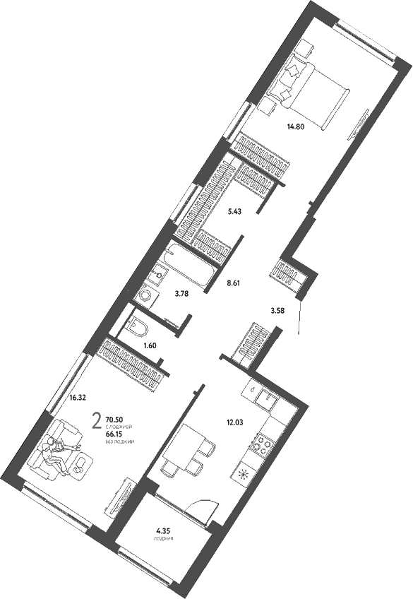 Планировка: 2-комнатная квартира 66,2 м² в ЖК «Страна.Парковая»