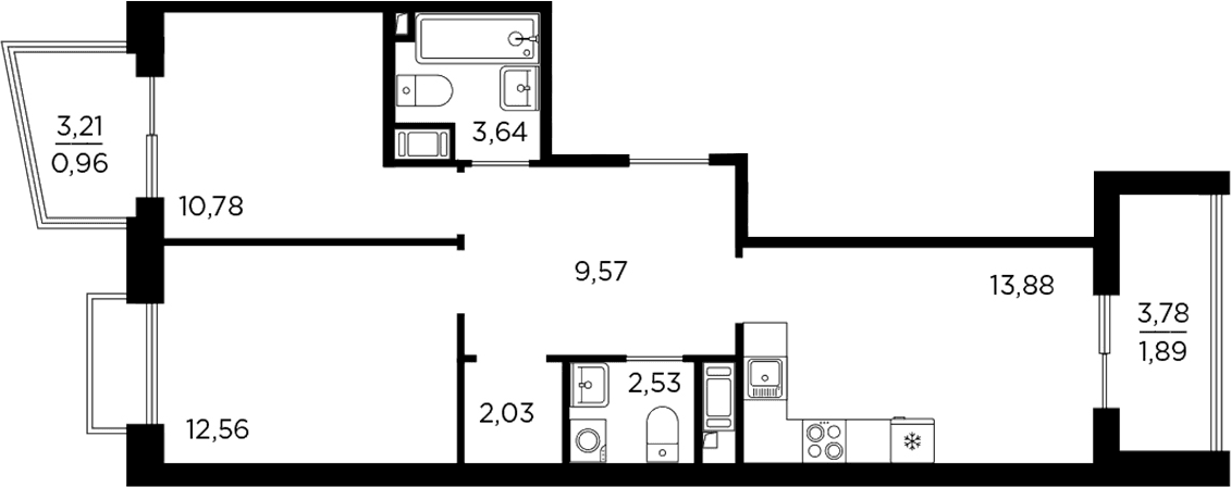 Планировка: 2-комнатная квартира 55 м² в ЖК «Респект»