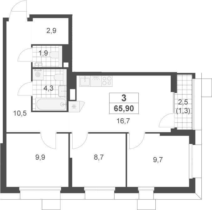 Планировка: Квартира евро-4 64,6 м² в ЖК «Скандинавия»