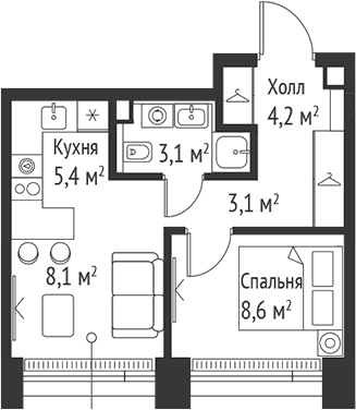 Планировка: Евродвушка 32,5 м² в ЖК «СЕТ»