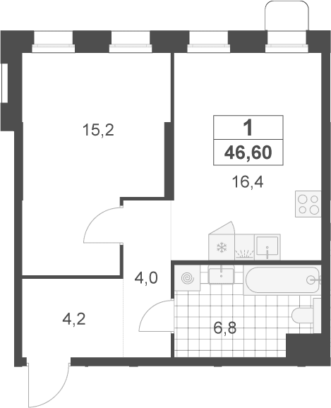 Планировка: Евродвушка 46,6 м² в ЖК «Деснаречье»