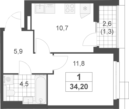 Планировка: 1-комнатная квартира 32,9 м² в ЖК «Скандинавия»