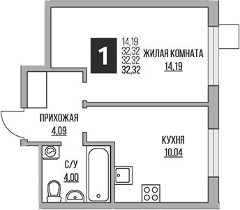 Планировка: Евродвушка 32,3 м² в ЖК «Гранель Притяжение Сити»