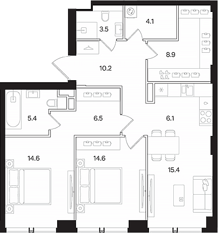 Планировка: Евротрёшка 89,3 м² в ЖК «АУРА»