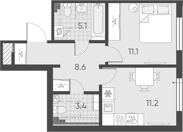Планировка: Евродвушка 39,4 м² в ЖК «Пулково Лейк»